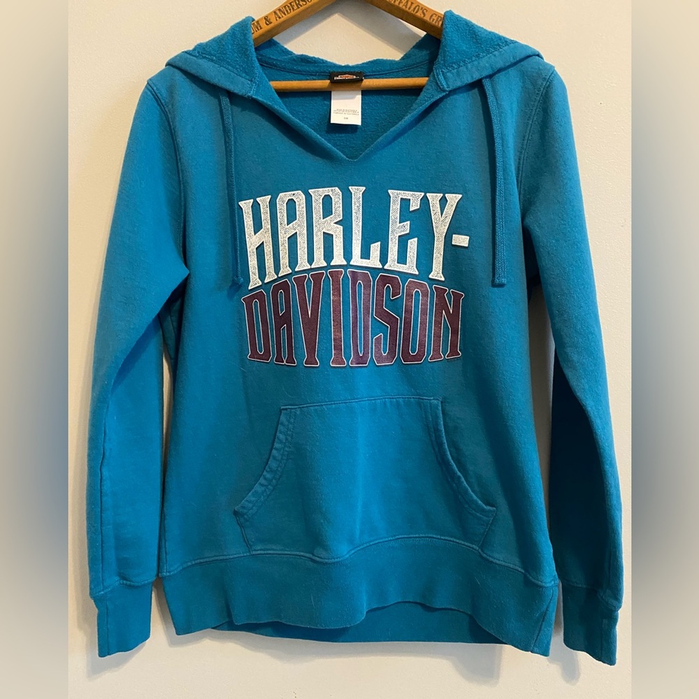 Harley Davidson Womens Hoodie Pullover Small Turquoise Blue IN Southside
